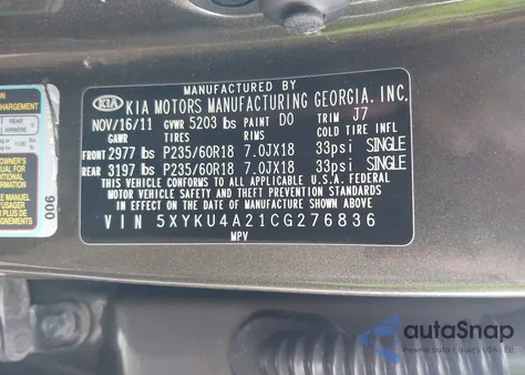 2012 Kia Sorento Ex V6 from USA, damaged, VIN 5XYKU4A21CG276836